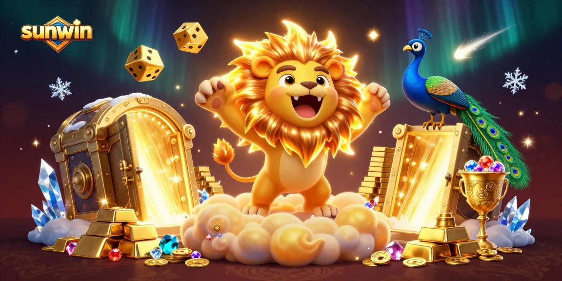 Experience the excitement with sunwin as golden dice tumble alongside a roaring sun lion in a vibrant casino scene.