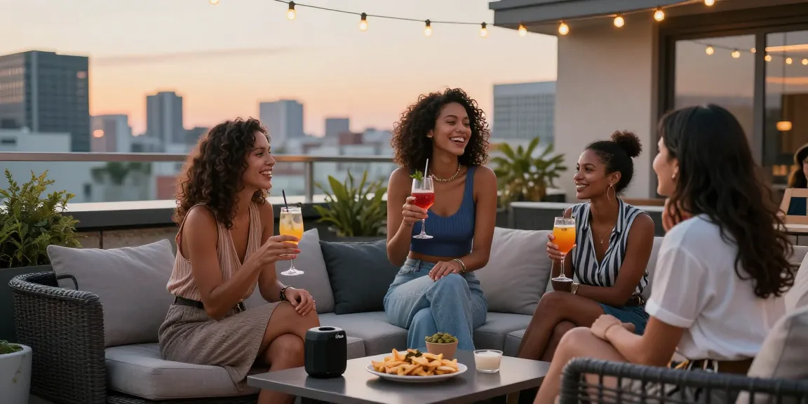 Young woman enjoying a rooftop gathering in style, showcasing the vibrant social scene around Kasselladi's modern lifestyle.