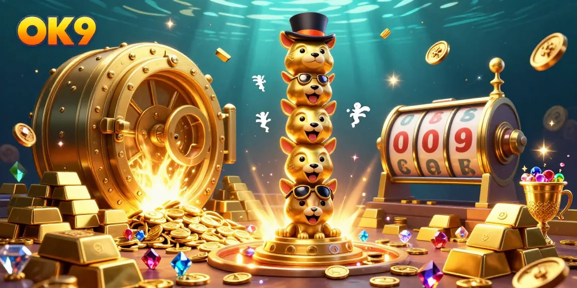 Engage in thrilling gameplay at OK9, surrounded by treasures and vibrant casino elements.