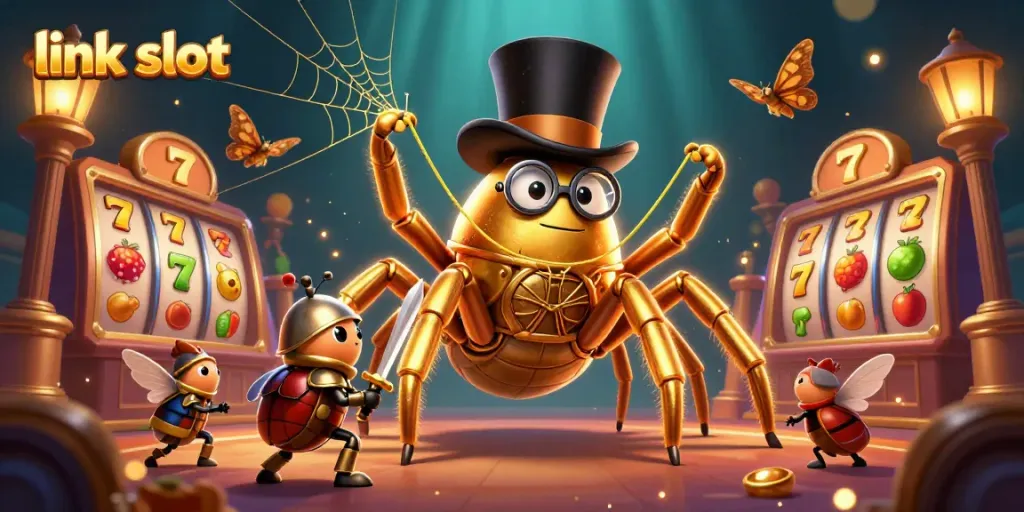 Experience the excitement of link slot gaming with vibrant symbols, characters, and sparkling effects in a dynamic casino scene.