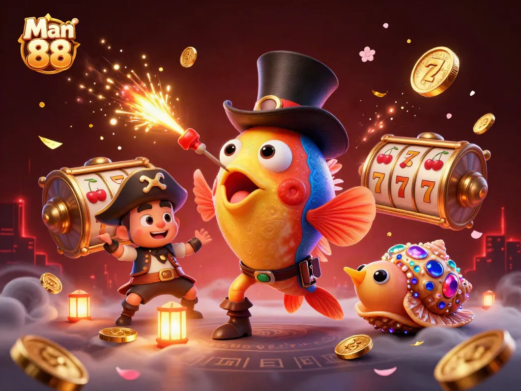 Engage with Man 88 as the anglerfish attracts winnings amidst vibrant slots and dynamic elements.