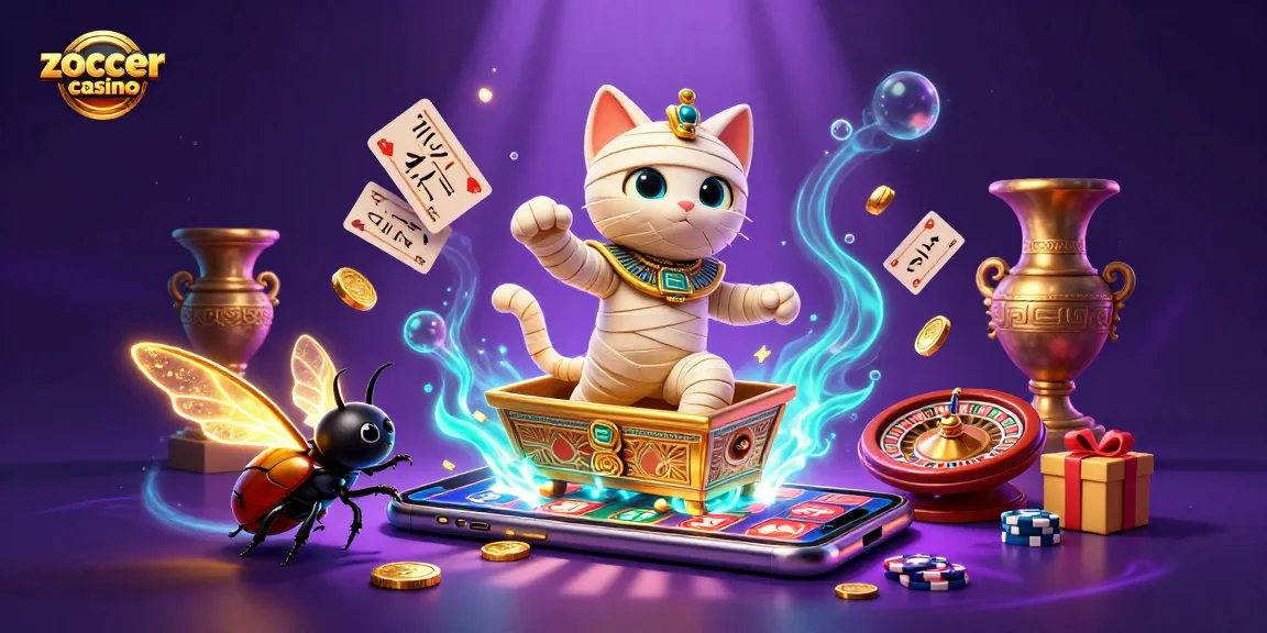 Zoccer casino brings excitement with a mummy cat and scarab beetle in a vibrant casino scene.