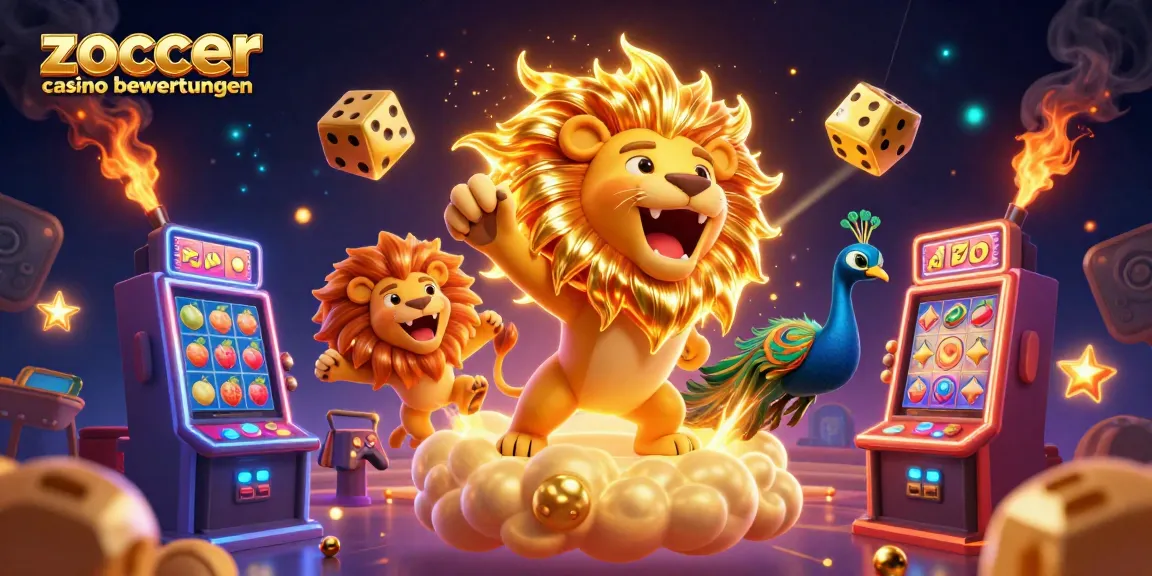 Zoccer casino bewertungen showcases a vibrant scene with golden mane lion amidst lively slot machines and dynamic game elements.