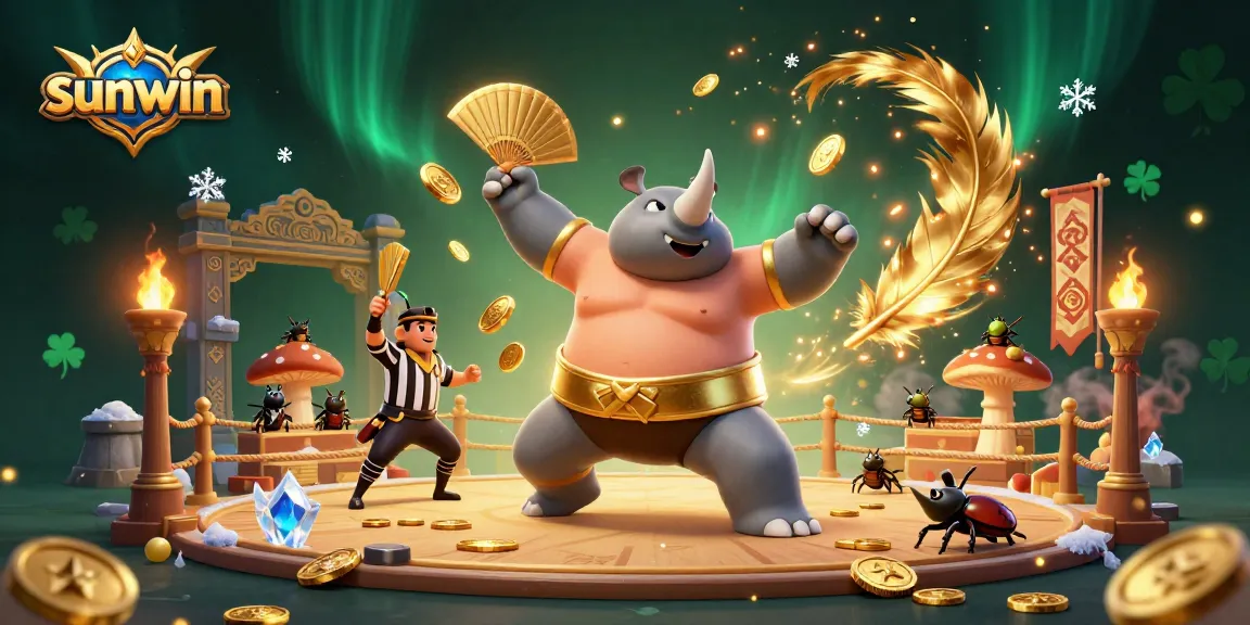 Experience excitement at sunwin's casino with a dynamic 3D scene of beetle champions and coin action.