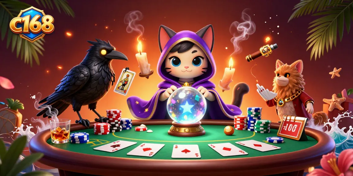 Engage with the c168 online casino scene featuring a mystic cat, raven, and poker action.