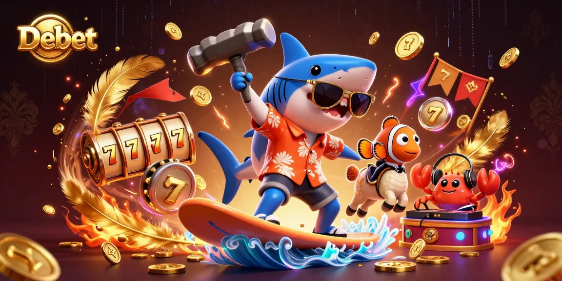 Debet's thrilling casino adventure with a shark surfer and gold coins splashing around.